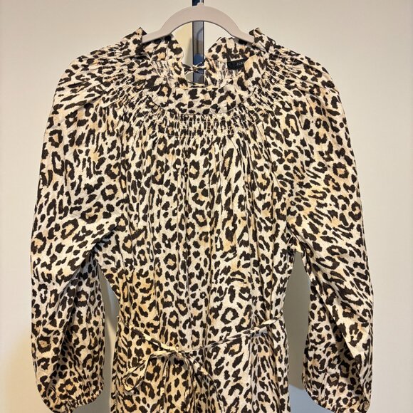 J. Crew Leopard Animal Print Ruffle Neck Smocked Puff Sleeve Dress - Picture 5 of 15